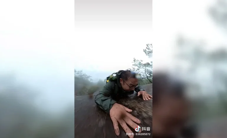 Close Call: Man Survives Steep Mountain Fall Captured on Camera in China